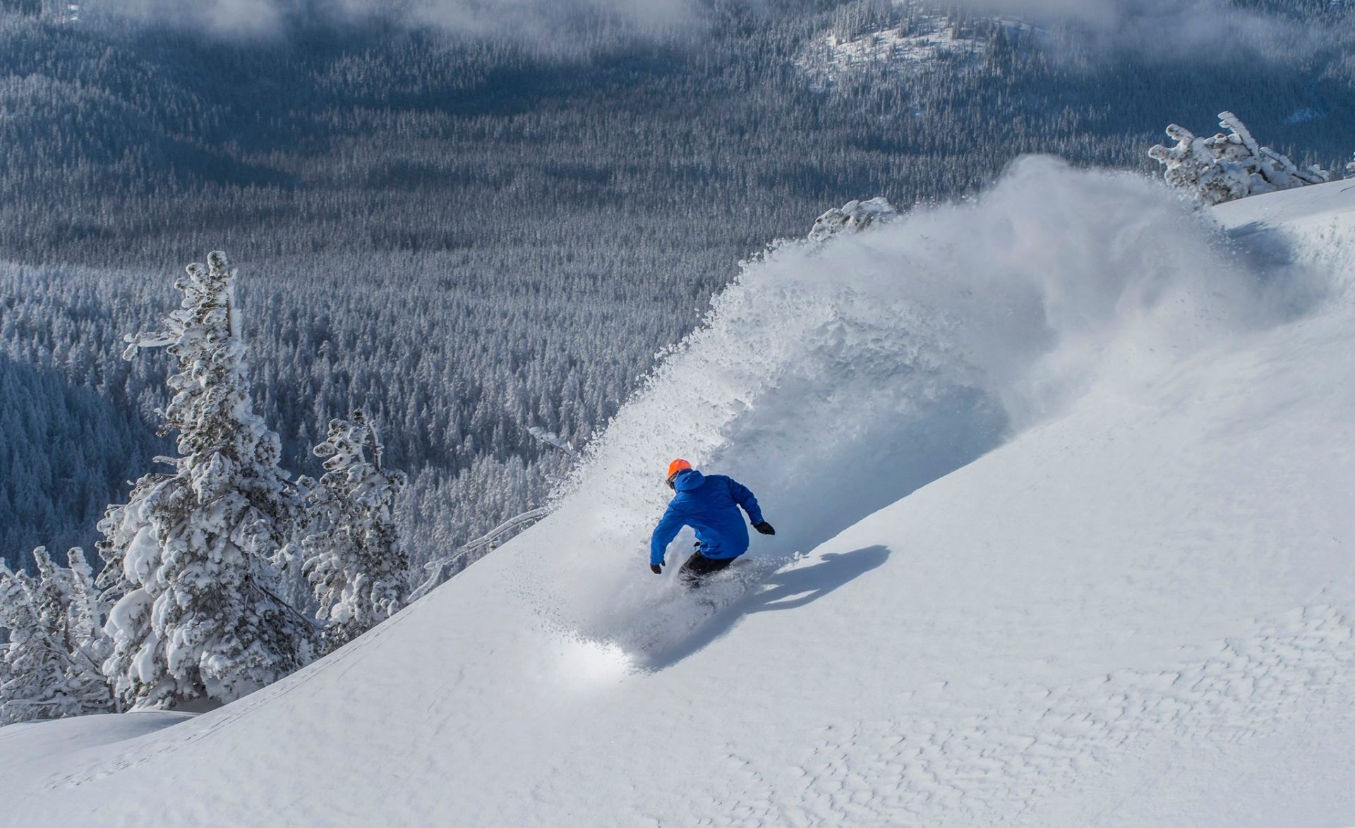 snowboarder spraying deep powder at mount bachelor
