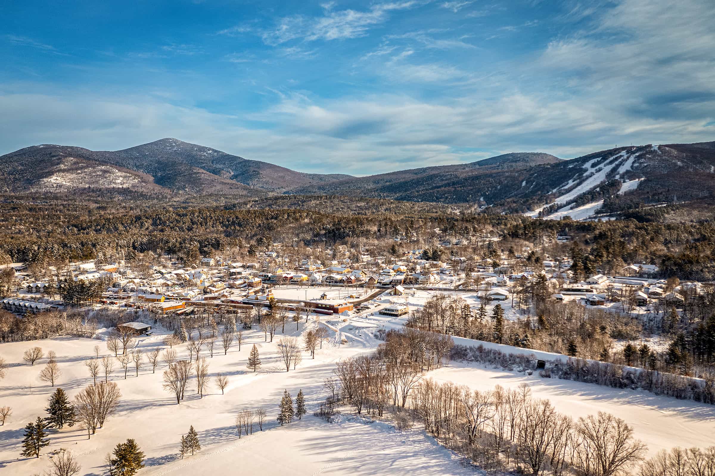 north conway, drone shot from above, is north America's best ski town according to USA Today readers