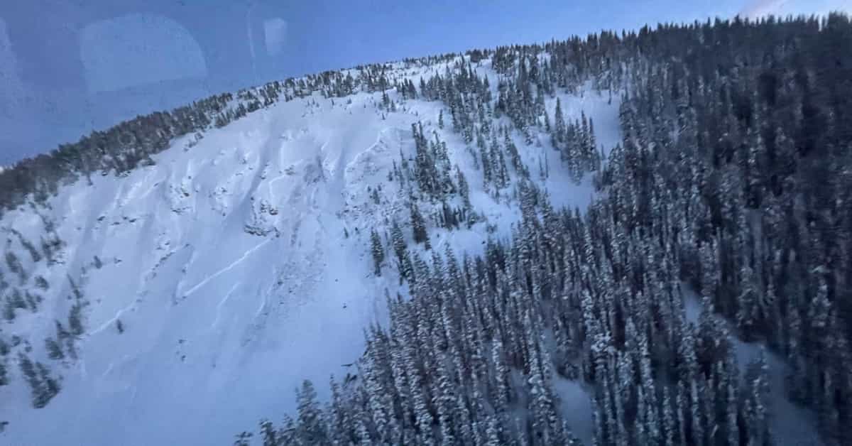 Image of The Fingers avalanche path on Mines Peak, east of Berthoud Pass where a snowboarder was caught, buried and killed on February 22, 2025. Photo courtesy Breckenridge Ski Patrol. Taken from the Flight for Life helicopter.