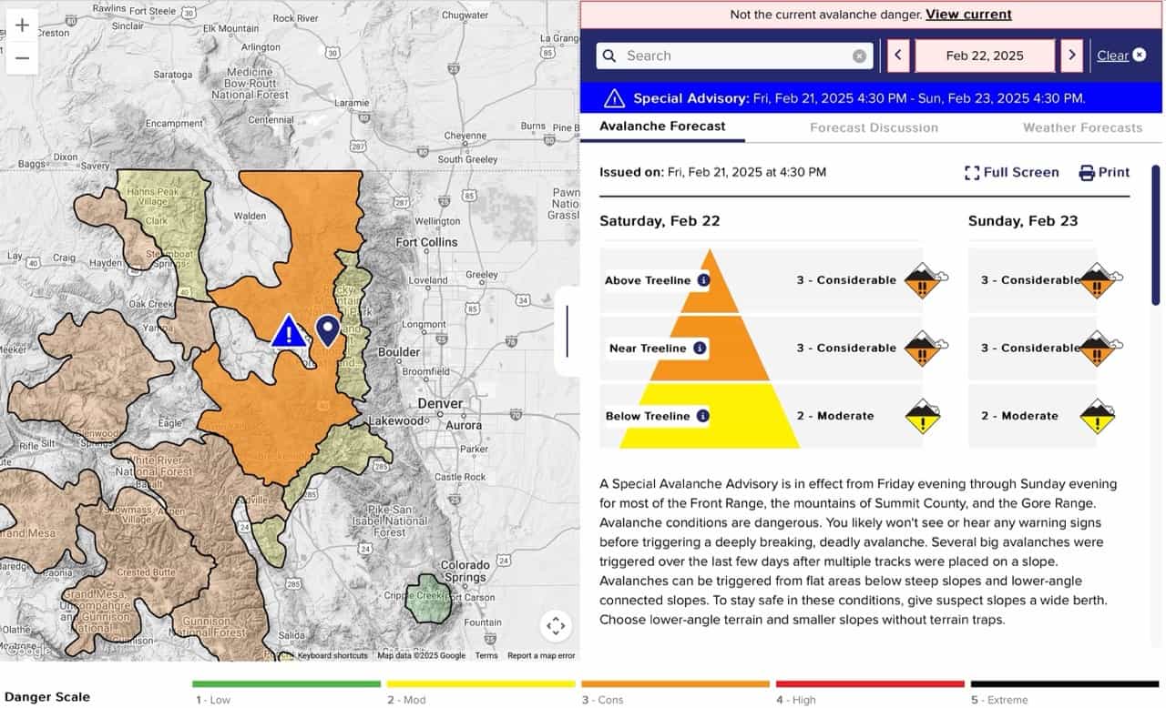 The avalanche forecast for yesterday, Saturday, February 22 | Image: CAIC