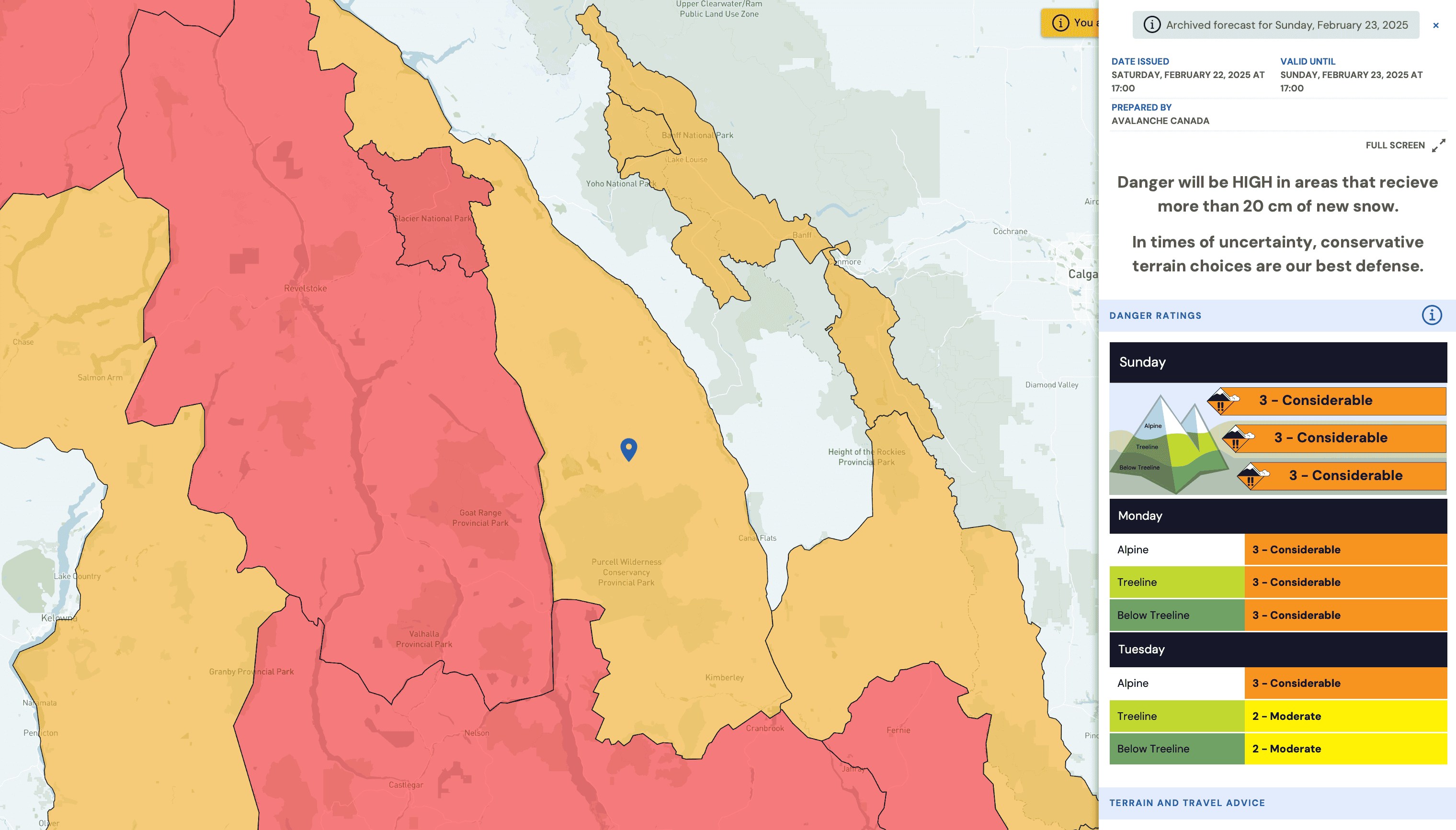 Avalanche Canada forecast for the region on Sunday, February 23 | Image: Avalanche Canada