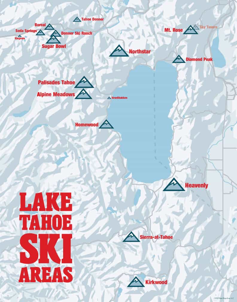 Lake Tahoe ski resorts map. 