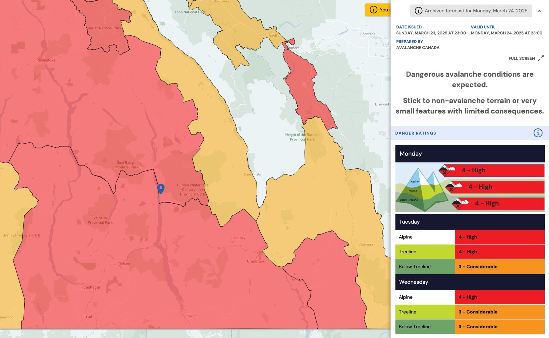 Avalanche Canada forecast yesterday. | Image: Avalanche.ca