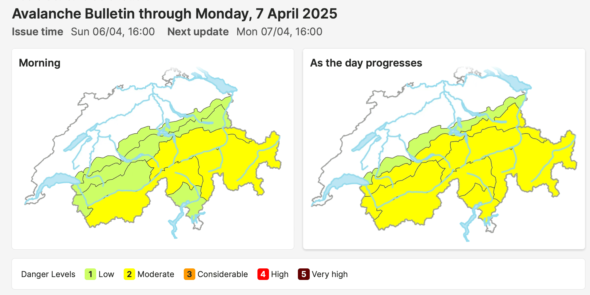 The current avalanche danger rating across Switzerland. | Image: SLF