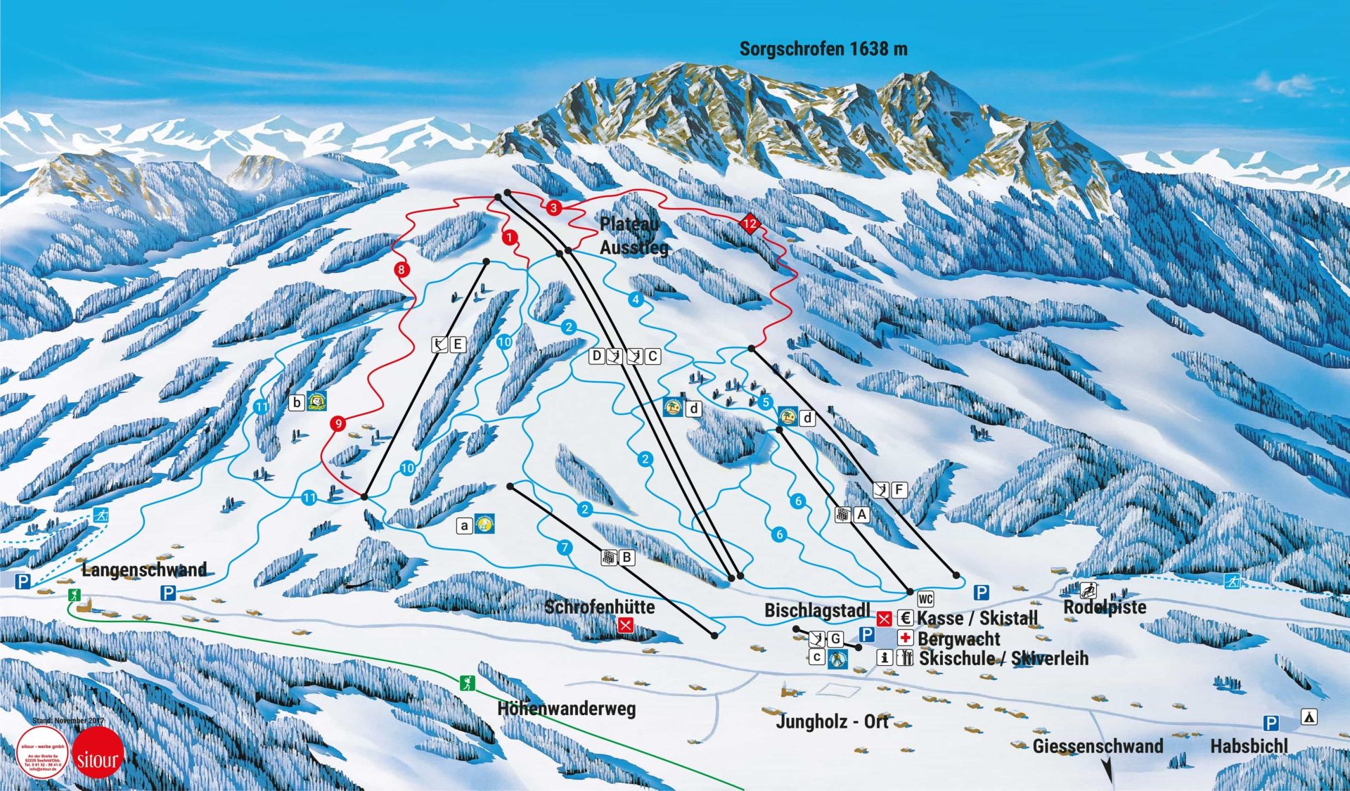 Jungholz ski area, Austria, trail map.