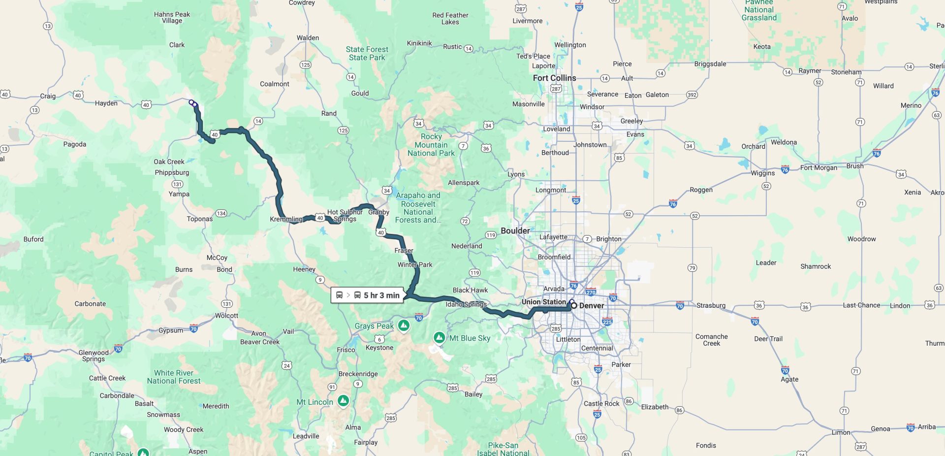 Denver to Steamboat is five hours by bus, or 2h45m by car. 
