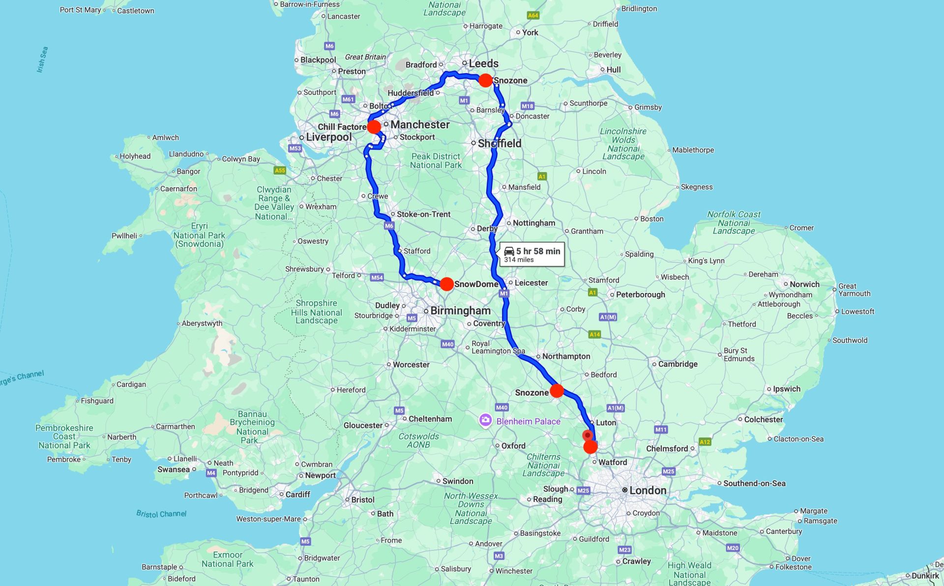 The five UK indoor snow centres.