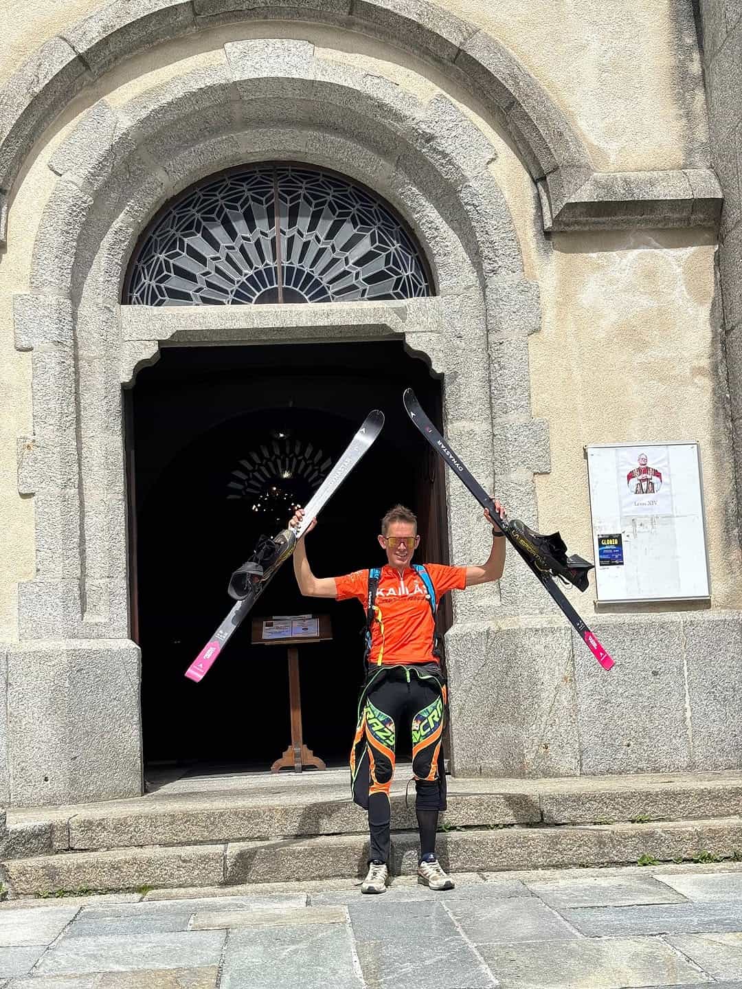 William Boffelli back at the Chamonix church, having smashed the Mont Blanc FKT. | Photo: William Boffelli Instagram