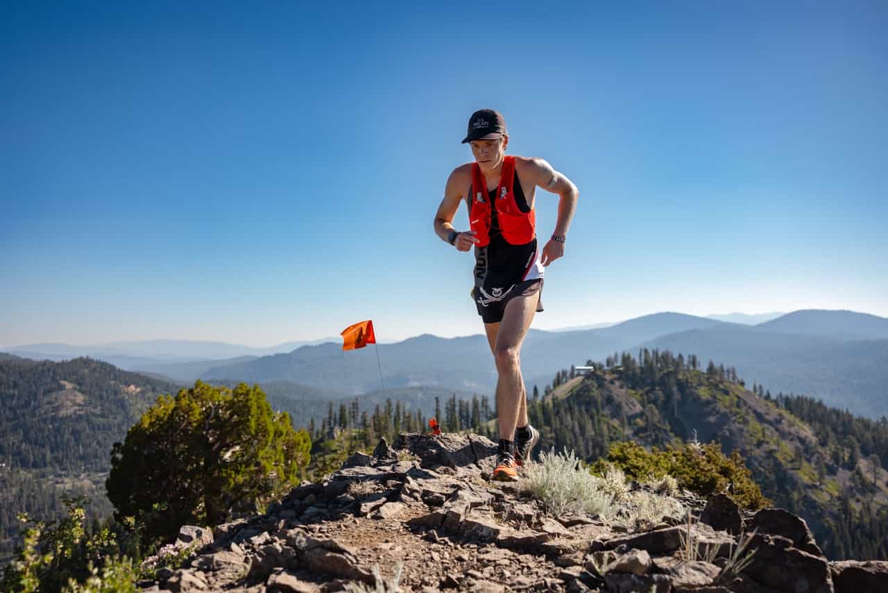 Trail runner on a ridge at Palisades Tahoe during Broken Arrow Skyrace. | Photo: Palisades Tahoe