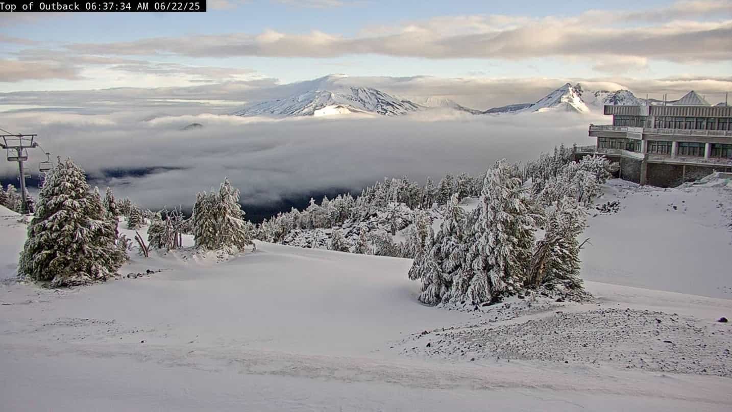 Rare summer snow for Mount Bachelor. | Photo: Mount Bachelor webcam screenshot