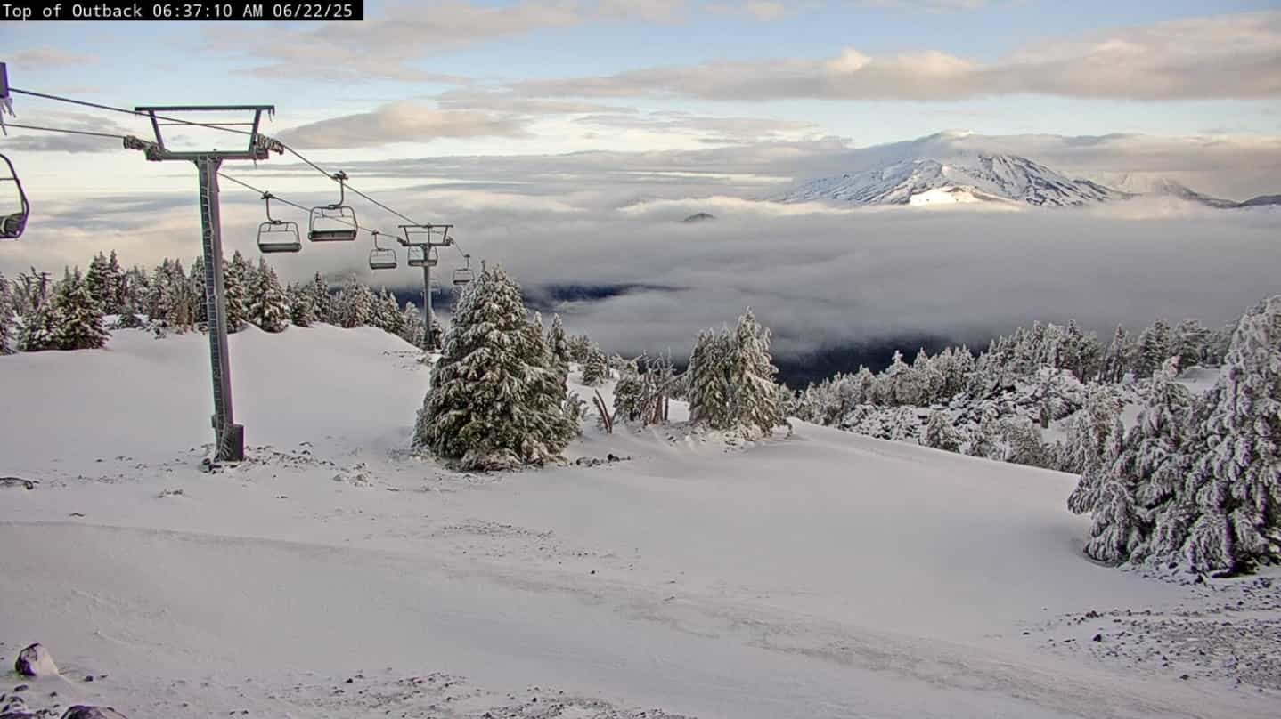 Rare summer snow for Mount Bachelor. | Photo: Mount Bachelor webcam screenshot