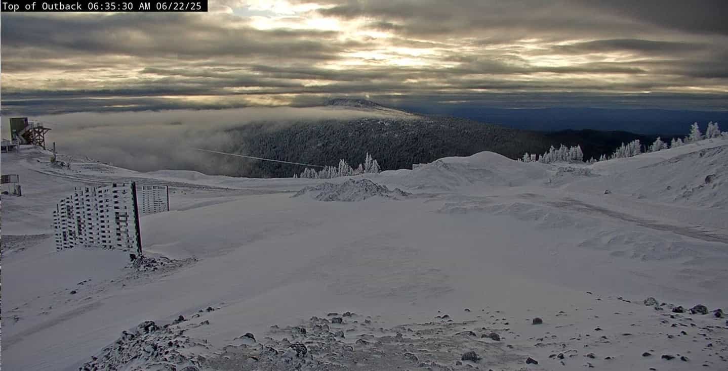 Rare summer snow for Mount Bachelor. | Photo: Mount Bachelor webcam screenshot