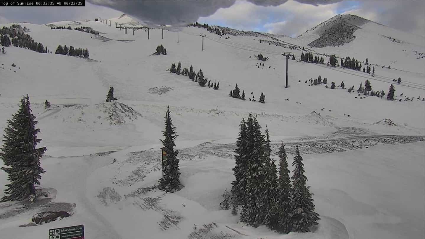Rare summer snow for Mount Bachelor. | Photo: Mount Bachelor webcam screenshot